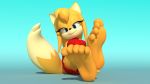  2019 3d_(artwork) 5_toes absurd_res anthro barefoot black_nose blue_eyes canid canine clothing digital_media_(artwork) dipstick_tail feet female foot_focus fox fur half-closed_eyes hi_res humanoid_feet mammal multicolored_tail sja1986 smile soles solo sonic_(series) sonic_boom toes white_fur yellow_fur zooey_the_fox 