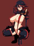  black_hair boots breasts brown_background clenched_teeth full_body high_heels highres hikora huge_breasts kill_la_kill matoi_ryuuko multicolored_hair revealing_clothes senketsu short_hair simple_background skirt solo squatting suspenders teeth thigh_boots thighhighs two-tone_hair 