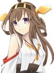  bad_id bad_pixiv_id breasts brown_hair detached_sleeves double_bun hair_ornament hairband japanese_clothes kantai_collection kongou_(kantai_collection) large_breasts long_hair looking_at_viewer nontraditional_miko purple_eyes solo yukinosora7 