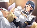  1boy 1girl artist_request black_hair blue_eyes blush breasts character_request jonathan_william_turner lap_pillow large_breasts lune_(company) maid mary_anderson mimikaki shoukoujo_charlotte sky_house source_request 