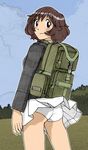  akiyama_yukari ass back backpack bag blush brown_eyes brown_hair cloud day forest girls_und_panzer highres jacket long_sleeves looking_at_viewer looking_back messy_hair military military_uniform miniskirt nature ooarai_military_uniform panties pantyshot pantyshot_(standing) pleated_skirt sachisuke_masumura short_hair skirt sky smile solo standing underwear uniform white_panties white_skirt wind wind_lift 