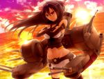  akahito backlighting bad_id bad_pixiv_id brown_hair cloud crossed_arms elbow_gloves glint gloves groin hairband kantai_collection long_hair machinery midriff nagato_(kantai_collection) navel ocean red_eyes sky solo sunset thighhighs turret 