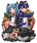  aqua_eyes aqua_hair arcade_stick atari atari_jaguar bad_id bad_tumblr_id blue_hair blush bridal_gauntlets cable choker controller denshi_yuugi_mokushiroku famicom famicom_cartridge famicom_gamepad flat_chest fur_collar game_boy game_cartridge game_console game_controller gamepad gothic_lolita grin hair_ribbon handheld_game_console horns joystick lolita_fashion matsuda_yuusuke multiple_girls nec_corporation neo_geo nintendo pc_engine pc_engine_supergrafx red_cross red_eyes ribbon sega sega_cd sega_game_gear sega_mega_drive short_hair smile super_famicom super_famicom_gamepad teiru_(denshi_yuugi_mokushiroku) terura twintails wings 