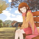  :d bench blush brown_hair buttons closed_eyes cloud day hands_together highres jacket long_hair nisekoi onodera_kosaki open_mouth outdoors scarf sitting skirt smile solo total9 tree 