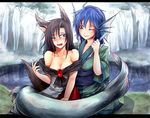  ;) animal_ears bare_shoulders blue_eyes blue_hair blush breasts brooch brown_hair cleavage collarbone commentary_request dress ear_grab eyelashes facial_mark fangs forest head_fins imaizumi_kagerou japanese_clothes jewelry kimono lake large_breasts long_hair long_sleeves mermaid monster_girl multiple_girls nature obi off_shoulder one_eye_closed open_mouth red_eyes ryuuichi_(f_dragon) sash shirt sitting skirt smile straight_razor tail touhou wakasagihime wide_sleeves wolf_ears wolf_tail 