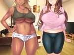  2girls blonde_hair breasts brown_hair copyright_request couch dark_skin large_breasts mario_(artist) midriff multiple_girls navel orcsoft sei_yariman_sisters_pakopako_nikki shorts smile sofa television underboob 