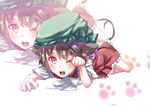  animal_ears bad_id bad_pixiv_id brown_hair cat_ears cat_tail chen hat highres lying multiple_tails nekomata on_stomach paw_pose red_eyes ruuto_(sorufu) solo tail touhou two_tails 