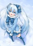  2013 azumi_(6918great) bad_id bad_pixiv_id blue_eyes blue_hair blush bow character_name dated fang hand_on_own_chest hatsune_miku long_hair mittens open_mouth skirt solo thighhighs twintails very_long_hair vocaloid yuki_miku 