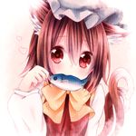  animal_ears blush brown_hair cat_ears cat_tail chen fish gradient gradient_background hat heart heart-shaped_pupils long_sleeves looking_at_viewer mitoki_6x6 mouth_hold multiple_tails paw_pose red_eyes short_hair solo symbol-shaped_pupils tail touhou upper_body 