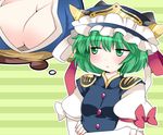  breasts cleavage commentary crossed_arms green_eyes green_hair hammer_(sunset_beach) hat jitome large_breasts multiple_girls onozuka_komachi shiki_eiki short_hair thought_bubble touhou 