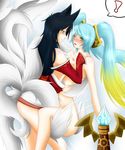  ! 2girls ahri animal_ears bare_shoulders black_hair blush bottomless breasts clothed_female_nude_female detached_sleeves dress_pull fox_ears fox_tail gradient_hair hair_ornament league_of_legends long_hair multicolored_hair multiple_girls multiple_tails nipples no_bra no_underwear nude open_mouth restrained simple_background smile sona_buvelle spoken_exclamation_mark tail topless twintails very_long_hair ward whiskers yellow_eyes you_gonna_get_raped yuri 