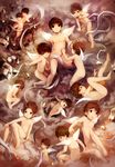  angel angel_wings ass brown_eyes brown_hair full_body male_focus multiple_boys noeyebrow_(mauve) nude open_mouth original smile watermark wings 