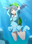  backpack bag blue_eyes blue_hair boots bubble bwell dress hair_bobbles hair_ornament hands_on_own_head hat kawashiro_nitori key long_sleeves looking_at_viewer open_mouth pocket rubber_boots shirt short_hair skirt skirt_set smile solo touhou two_side_up underwater wet wet_clothes 