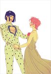  1girl bad_id bad_pixiv_id black_hair bob_cut bruno_buccellati dareoma dress gown hetero jojo_no_kimyou_na_bouken pink_hair short_hair trish_una 