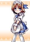  alice_margatroid alice_margatroid_(pc-98) alternate_costume apron blonde_hair blue_eyes dress enmaided hair_ribbon hairband hemogurobin_a1c maid maid_headdress pantyhose ribbon short_hair solo tears touhou touhou_(pc-98) waist_apron white_legwear 