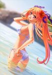  :d absurdres adjusting_clothes adjusting_swimsuit ass bikini blonde_hair blush breasts dutch_angle flower hair_flower hair_ornament hair_ribbon hibiscus highres huge_filesize kannatsuki_noboru looking_back medium_breasts open_mouth pink_eyes reflection ribbon shinkyoku_soukai_polyphonica side-tie_bikini sideboob smile solo strap_gap swimsuit twintails wading water yugiri_perserte 