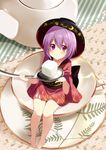  bare_legs barefoot blush bowl bowl_hat cup fujishiro_emyu hat in_container in_cup japanese_clothes minigirl purple_eyes purple_hair saucer short_hair sitting smile solo spoon sugar_cube sukuna_shinmyoumaru teacup teapot touhou 