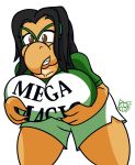  2019 anthro bent_over big_breasts breasts clothing digital_drawing_(artwork) digital_media_(artwork) english_text female grin hair happy hi_res huge_breasts humor katie_koopa_(character) koopa koopa_troopa looking_at_viewer mario_bros mega_milk meme mr.ink_(artist) nintendo reptile scalie shirt shorts smile smirk solo teeth text turtle video_games 