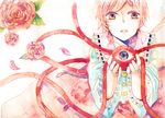  flower frills komeiji_satori petals pink_eyes pink_hair rose shiratsuyu short_hair solo third_eye touhou 