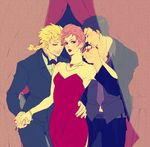  2boys bad_id bad_pixiv_id black_hair blonde_hair braid curtains dareoma dress formal giorno_giovanna gown guido_mista hat hat_removed headwear_removed jewelry jojo_no_kimyou_na_bouken multiple_boys nail_polish necklace pink_hair short_hair suit trish_una 