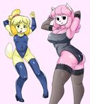  animal_crossing animal_crossing:_new_leaf anthro armpit armpits arms_up ass big_breasts black_eyes black_nose blonde_hair blush breasts butt canine clothing covered_nipples dog doubutsu_no_mori duo elbow_gloves erect_nipples female fur furry gloves hair hairband high_heels highres isabelle_(animal_crossing) latex latex_gloves legwear lisa_(doubutsu_no_mori) looking_at_viewer mammal nintendo nipples one-piece_swimsuit open_mouth pink_background pink_fur plain_background plump raised_arm raised_tail reese_(animal_crossing) shepherd0821 shizue_(doubutsu_no_mori) shoes standing stockings swimsuit teeth thighhighs tight_clothing video_games yellow_fur 