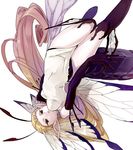  antennae black_gloves black_legwear blonde_hair butterfly_wings curly_hair elbow_gloves gloves head_wings long_hair original pointy_ears shuri_(84k) solo upside-down very_long_hair white_background wings 