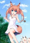  absurdres animal_ears bad_id bad_pixiv_id blue_eyes colorized day fox_ears fox_tail highres k-asul long_hair looking_at_viewer open_mouth original sky solo tail twintails 