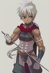  1boy abs artist_request bare_arms blue_eyes bulge chaps character_request child clenched_teeth cloak collar gontagonta grey_background male male_focus muscle open_mouth ponytail simple_background sling solo standing sword teeth weapon white_hair 