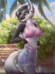  2019 5_fingers anthro breasts canid canine canis clothed clothing day detailed_background digital_media_(artwork) domestic_dog eyelashes female mammal outside p-v-s skimpy sky smile solo standing 