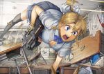  black_legwear blonde_girl_(itou) blonde_hair blue_eyes book bra breasts bullpup classroom cleavage desk dodging gloves gun highres itou_(onsoku_tassha) medium_breasts notebook open_mouth original p90 pencil_case ponytail school_desk school_uniform solo submachine_gun sweat tears thighhighs trigger_discipline unbuttoned underwear weapon 