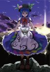  bad_id bad_pixiv_id blue_hair boots food fruit hat highres hinanawi_tenshi long_hair peach red_eyes ruuto_(sorufu) solo touhou twilight 