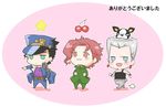  black_hair blue_eyes boston_terrier cherry chibi dog food fruit funaki_kazuo grey_hair hat iggy_(jojo) jean_pierre_polnareff jojo_no_kimyou_na_bouken kakyouin_noriaki kuujou_joutarou male_focus multiple_boys red_eyes red_hair star terrier_(dog) 