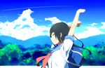  arms_up backpack bag black_hair blue_sky closed_eyes cloud condensation_trail day forest nature neckerchief ogipote original school_bag school_uniform serafuku short_sleeves sky smile solo stretch upper_body 