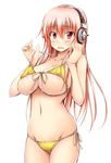  bikini blush breasts covered_nipples headphones large_breasts long_hair looking_at_viewer nitroplus pink_hair red_eyes shake_(ferit3) side-tie_bikini simple_background solo super_sonico swimsuit white_background yellow_bikini 