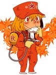  airbrush aki_shizuha alternate_costume autumn_leaves backpack bag blonde_hair hat onikobe_rin overalls red_eyes respirator solo touhou 