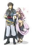  1girl blush boots braid closed_eyes couple elbow_gloves fingerless_gloves fire_emblem fire_emblem:_kakusei frown fur_trim gloves hairband hakusai_ponzu heart hetero long_hair midriff olivia_(fire_emblem) pink_hair ronku twin_braids 