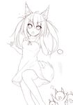  absurdres animal_ears fox_ears fox_tail highres k-asul lineart long_hair looking_at_viewer monochrome open_mouth original tail twintails 