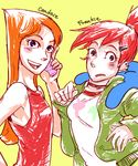  2girls bad_id bad_pixiv_id blooregard_q_kazoo candace_gertrude_flynn crossover dress foster's_home_for_imaginary_friends frances_foster green_jacket jacket multiple_girls phineas_and_ferb red_dress red_hair simple_background upas_kikir yellow_background 