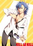  aviator_sunglasses blue_eyes blue_hair glasses grin highres himekawa_donki kill_la_kill long_sleeves male_focus mikisugi_aikurou necktie open_clothes open_shirt shirt smile solo sunglasses 