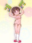  1girl areola_slip areolae bikini blush breasts brown_hair groin large_breasts maiko_chimari micro_bikini navel pastel_memories pink_bikini purple_eyes solo swimsuit swimwear water_gun yosiyuki_yosizou 