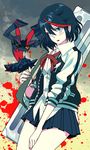  black_hair blue_eyes bow case hanamiboshi jacket kill_la_kill letterman_jacket matoi_ryuuko school_uniform senketsu serafuku short_hair skirt sleeves_pushed_up 