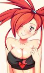  asuna_(pokemon) bare_shoulders blush breasts cleavage crop_top grin hair_over_one_eye large_breasts long_hair looking_at_viewer midriff one_eye_closed pokemon pokemon_(game) pokemon_rse ponytail red_eyes red_hair shiny shiny_skin smile solo vivivoovoo 