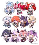  6+girls :d :q ;) ;d ahoge aqua_shoes black_hair black_shirt blonde_hair blue_eyes blue_hair blue_socks bow center-flap_bangs chibi chibi_only closed_mouth commentary_request company_name copyright_notice demon_tail english_commentary full_body gawr_gura gradient_hair green_hair hair_between_eyes hair_bow hair_intakes hakos_baelz hat head_wings heterochromia hkina7 hololive hololive_english hololive_idol_uniform_(bright) hololive_indonesia idol_clothes kobo_kanaeru kureiji_ollie la+_darknesss long_hair medium_hair mini_hat mixed-language_commentary multicolored_hair multiple_girls ninomae_ina'nis official_art one_eye_closed orange_bow orange_hair ouro_kronii pink_hair purple_eyes purple_hair red_eyes red_hair shark_girl sharp_teeth shirt shoes shorts smile socks stitched_face stitches streaked_hair tail takanashi_kiara takane_lui teeth tokoyami_towa tongue tongue_out twintails two-tone_hair two_side_up very_long_hair virtual_youtuber watson_amelia white_background white_hair white_shirt white_shorts wings yellow_eyes 