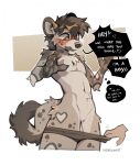 ambiguous_gender andromorph andromorph/ambiguous andromorph_focus anthro blush bodily_fluids brown_body brown_fur brown_hair clothed clothing dialogue disembodied_hand duo duskiglow english_text front_view fur genital_fluids genitals hair hi_res hyena intersex intersex/ambiguous intersex_focus mammal solo_focus standing tail teegandoggo text underwear underwear_only vaginal_fluid_string vaginal_fluids vulva