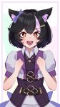  1girl absurdres animal_ear_fluff animal_ears black_hair bow cosplay dress facial_mark hair_between_eyes hair_ornament heart heart_facial_mark heart_necklace highres indie_virtual_youtuber jewelry multicolored_hair necklace open_mouth purple_bow purple_dress purple_hair red_eyes short_sleeves sioell skunk_ears skunk_girl smile solo star_(symbol) star_hair_ornament streaked_hair toboso_kuroi triangle triangle_facial_mark two-tone_hair virtual_youtuber white_background 