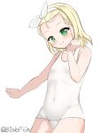  1girl blonde_hair commentary_request covered_navel cowboy_shot flat_chest forehead green_eyes hairband highres i-504_(kancolle) kantai_collection luigi_torelli_(kancolle) nyuudou_kajika old_school_swimsuit one-hour_drawing_challenge one-piece_swimsuit school_swimsuit short_hair simple_background smile solo standing swimsuit twitter_username white_background white_hairband white_one-piece_swimsuit 