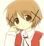  brown_eyes brown_hair hair_ornament hidamari_sketch isacoo school_uniform short_hair solo x_hair_ornament yuno 