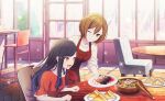  2girls :d ;) aozora_ni_negau_your_happiness!_(project_sekai) apron black_hair blue_hair breasts brown_eyes brown_hair chair colorful_palette commentary_request earrings food game_cg gradient_hair hair_ornament highres holding holding_plate indoors jewelry meiko_(vocaloid) multicolored_hair multiple_girls official_art one_eye_closed orange_eyes plate project_sekai red_apron red_shirt sandwich shiraishi_an shirt sitting smile sparkle star_(symbol) star_hair_ornament table third-party_source tongs tongue triangle_earrings vivid_bad_squad_meiko vocaloid white_shirt 