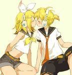  1girl blonde_hair blush brother_and_sister closed_eyes headphones hetero kagamine_len kagamine_rin kiss midriff short_hair shorts siblings sitting twins utako vocaloid 