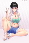  1girl bandeau bare_legs baseball_cap black_panties blue_shorts blush breasts cleavage closed_mouth commentary english_commentary eon_sean feet full_body green_eyes grey_background hand_up hat highres hololive huge_breasts impossible_clothes jewelry legs looking_at_viewer midriff nail_polish navel necklace on_ground panties pavolia_reine sandals short_shorts shorts sitting smile solo thighs toenail_polish toenails toes underwear v virtual_youtuber white_sandals 